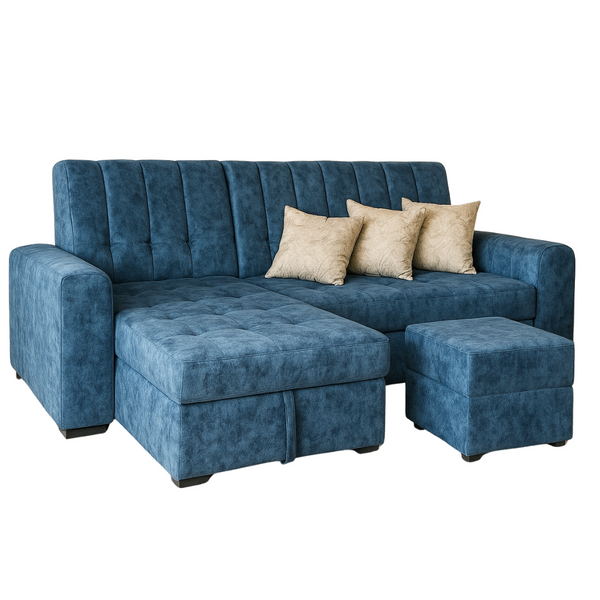 Sofa Cama en L Palma Multifucional con Baul Integrado Tela Amigable a las Mascotas Azul - Fabrica Online