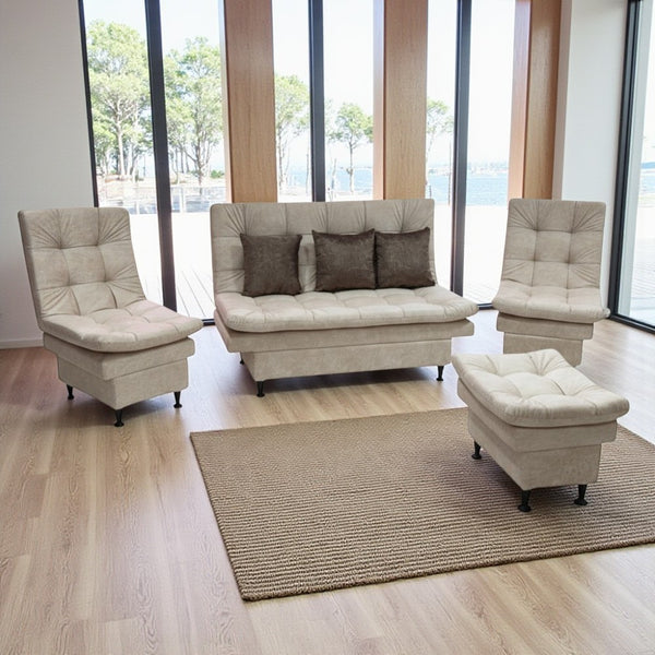 Juego de Sala Kioto + Sofa Cama + 2 Polronas + Puff + 3 Cojines Color Marfil - Fabrica Online