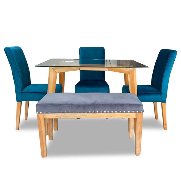 Juego de Comedor Fusión Rio + 3 Sillas + Butaca Microfibra Antifluido Azul/Gris - Arte K Muebles