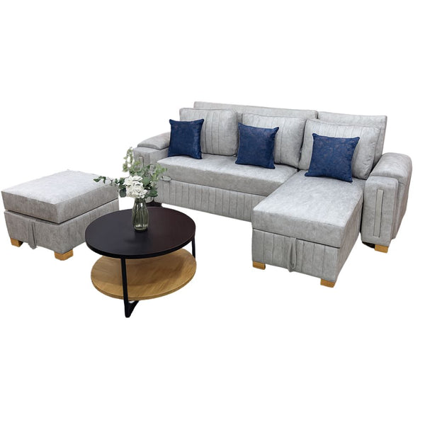 Sala Cama Multifuncional Dubai + Puff Baul + 3 Cojines Decorativos Tela Amigable a Las MAscotas Gris Plata - Fabrica Online