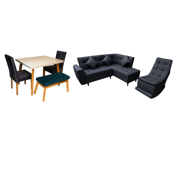 Combo Sala En L + Mecedora + Comedor 4 Puestos Escandinavo Tela Gris Amigable a las Mascotas - Fabrica Online