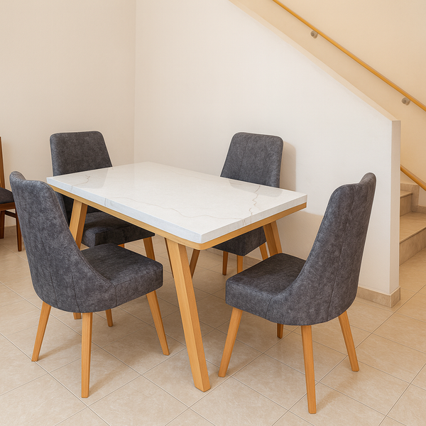 Juego de Comedor Oslow 4 Asientos 115x80 Color Blanco Natural Sillas Tapizadas Grises - Fabrica Online