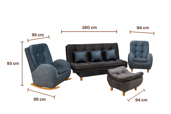 Juego de Sala Reclinable + Silla Mecedora + Silla Reclinable + Puff + 3 Cojines - Fabrica Online
