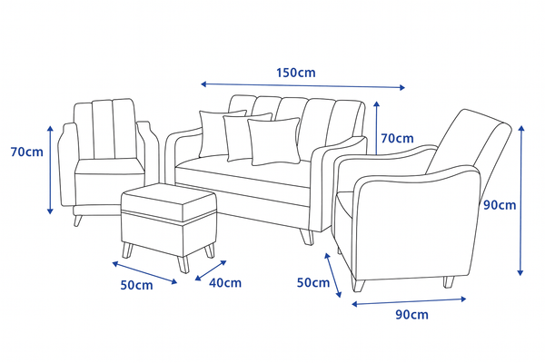 Juego de Sala Rio Sofa + 2 Poltronas + Puff Baul + 3 Cojines Azul Gris - Fabrica Online