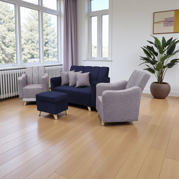 Juego de Sala Rio Sofa + 2 Poltronas + Puff Baul + 3 Cojines Azul Gris - Fabrica Online