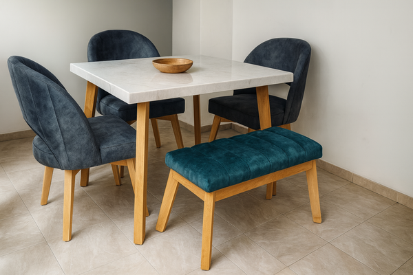 Juego de Comedor Miami 5 Puestos 110x80 Color Blanco Natural Sillas Tapizadas Grises