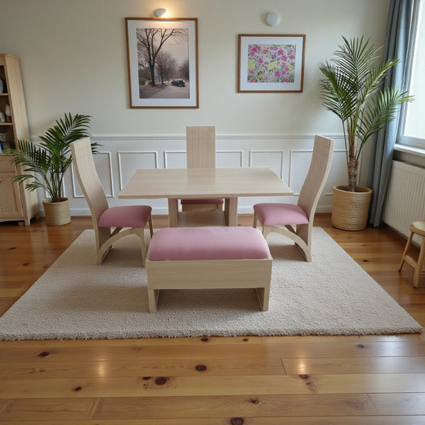 Juego de Comedor Eko 5 Puesto Color Miel Tapizado Rosa