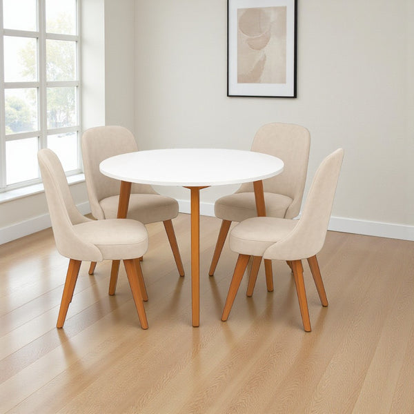 Juego de Comedor Redondo Ibiza 4 Puestos Tela Antifluido Marfil 80X80 - Fabrica Online