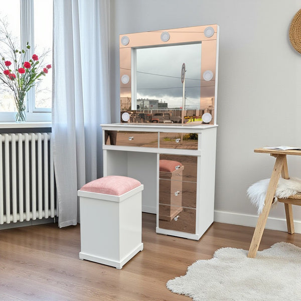Tocador Hollywood 4 Cajones Espejo Rosa 100cm - Fabrica Online
