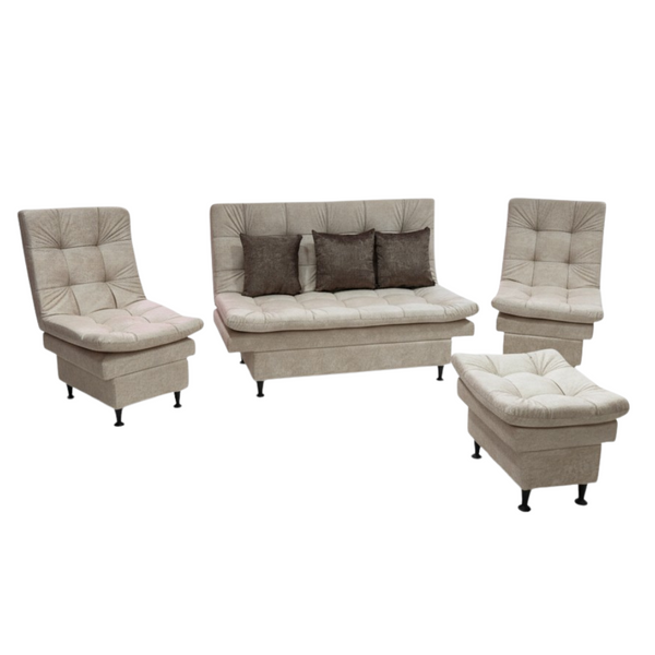 Juego de Sala Kioto + Sofa Cama + 2 Polronas + Puff + 3 Cojines Color Marfil - Fabrica Online