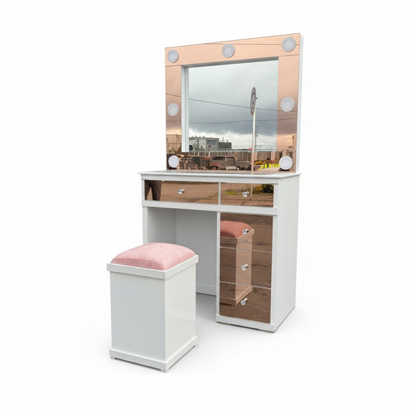 Tocador Hollywood 4 Cajones Espejo Rosa 100cm