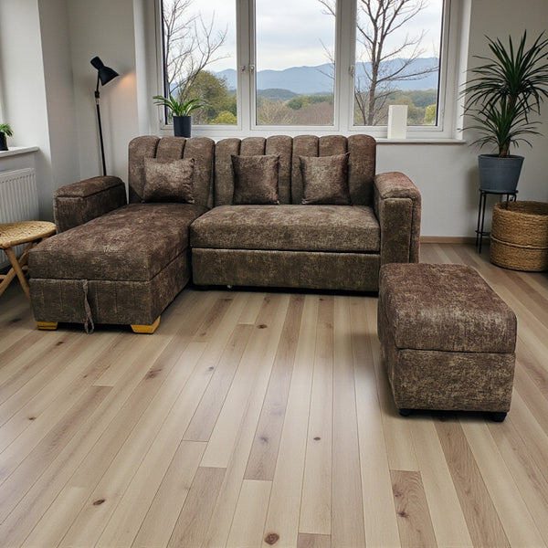 Sofa Cama en L Montealegre con Baul Integrado Tela Amigable a las Mascotas Cafe - Fabrica Online