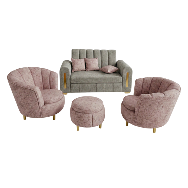 Sofa Cama Carro + 2 Poltronas + Puff + 3 Cojines Tela Amigable a Las Mascotas Gris Rosa - Fabrica Online